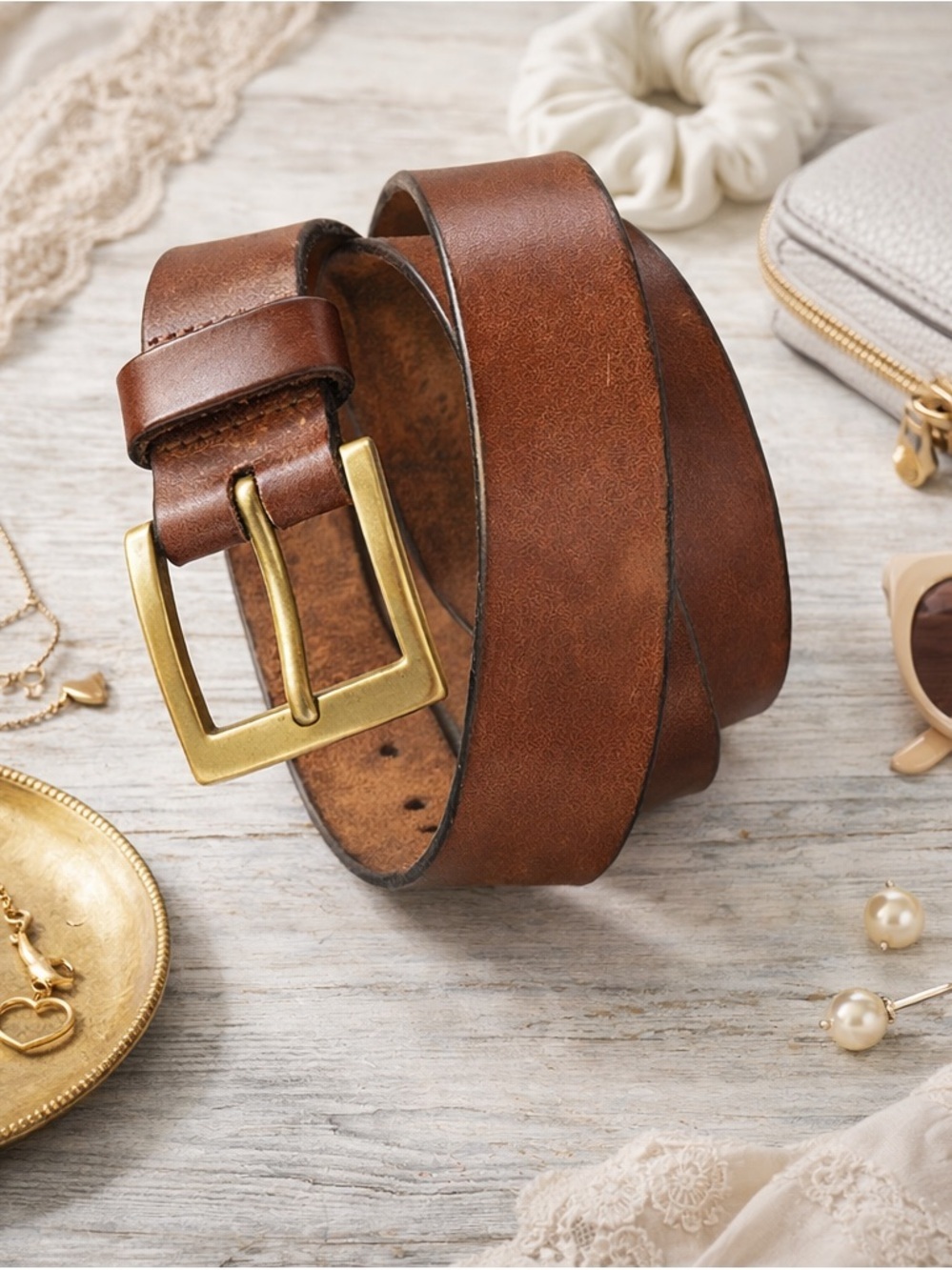 Brown Leather Belt Women Size 38 Brass Buckle Vintage Unisex